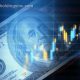 Financial data analysis graph showing market trends over one hundred American dollar bill on a digital display. Selective focus. Horizontal composition with copy space.
